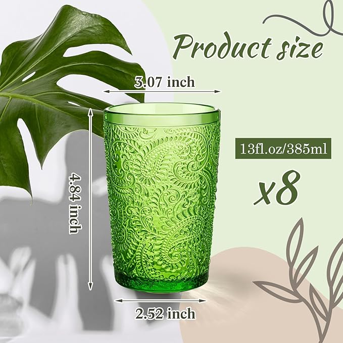 Reallnaive Green Drinking Glasses Set of 8, Boho Aesthetic Vintage Glassware Fern Paisley Carving Textured Tumbler Water Cups Embossed Pattern Drinkware Cocktail Set for Xmas Gifts(13 oz,Highball)