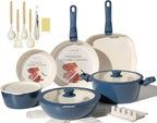 23Pcs Ceramic Cookware Set Non Stick Pots and Pans Set Non Toxic with Detachable Handle Induction Kitchen Cookware Set Space Saving, Oven & Dishwasher Safe, Navy Blue