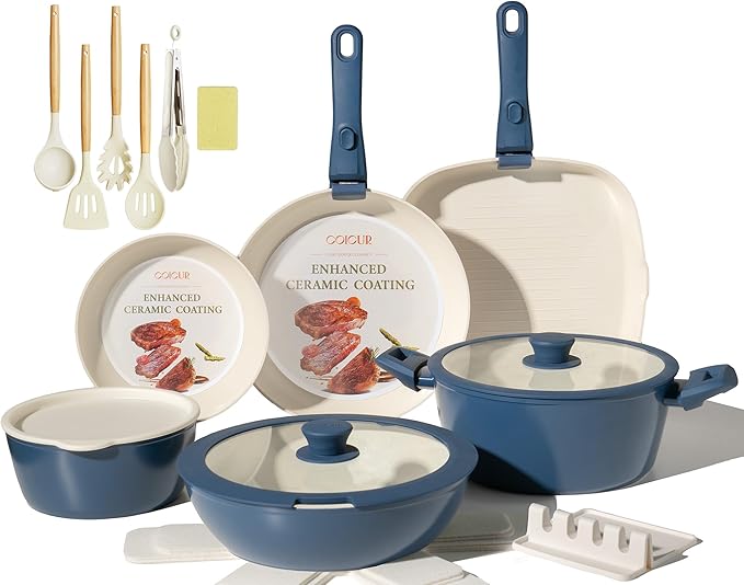 23Pcs Ceramic Cookware Set Non Stick Pots and Pans Set Non Toxic with Detachable Handle Induction Kitchen Cookware Set Space Saving, Oven & Dishwasher Safe, Navy Blue