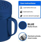 CUSINIUM 10oz Navy Blue Stainless Steel Salt Pepper Dredge Shakers - With Plastic Cap - With Handle - Pack of 2