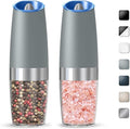 Gravity Electric Salt And Pepper Grinder Set, Automatic Salt And Pepper Grinder Set, Battery Powered (6 AAA Batteries Each), Adjustable Roughness, LED Light, 2 Pack, (Light Grey)