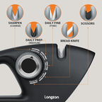Longzon 6-in-1 Knife Sharpener 5 Stage with Cut-Resistant Glove, Manual Kitchen Tool for Straight & Serrated Knives, Quickly Sharpens Restores & Polishes Dull Blades Safe for Home Kitchen