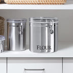 OGGI Stainless Steel Canister 62oz - Airtight Clamp Lid, Clear See-Thru Top. Large Size 5" x 7.5" & Jumbo 8" Stainless Steel Flour Clamp Canister - Airtight Food Storage Container Ideal, Dry Foods