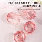 Pink Vintage Drinking Glasses Set of 6-15oz Hand-Blown Highball Ribbed Glassware, Arch Design Cocktail Glasses for Whiskey Water Beverages Ice Coffee Juice Milk