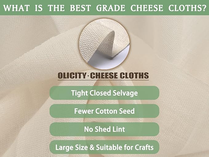 Olicity Cheese Cloths, Grade 90, 45 Sq Feet, Reusable Cheese Cloth with Closed Edges Unbleached Cotton Cheesecloth for Straining, Fine Mesh Fabric Muslin Cloth for Cooking, Baking, Milk,Crafts-5 Yards