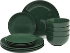 Gibson Home Simple Essential (Service for 4) 12 Piece Plates and Bowls Porcelain Solid Color Dishes Ceramic Dinnerware Set - Hunter Green