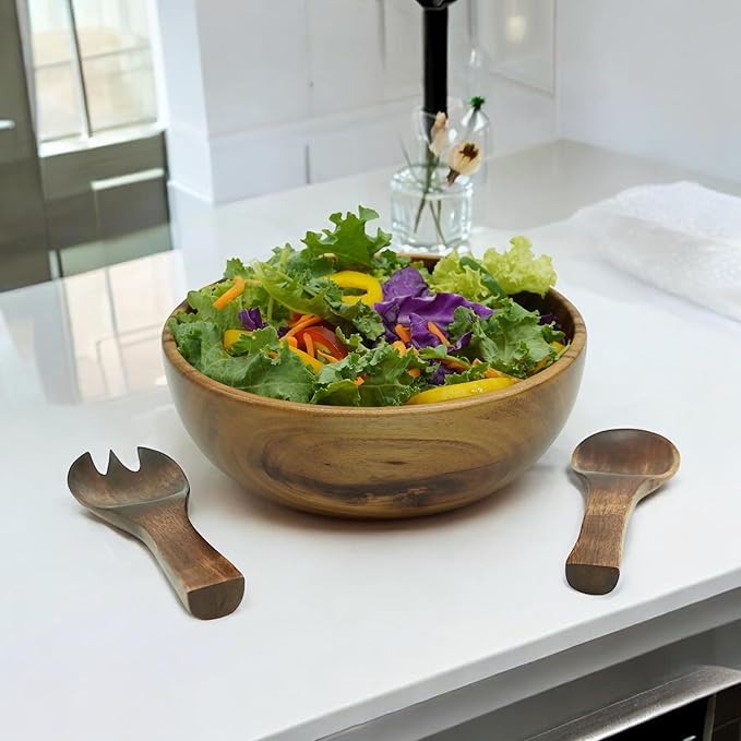 Acacia Wooden Salad Bowl Set – 9” Round Handcrafted Bowl with 2 Wood Servers, Rustic Durable Serveware for Salads, Fruit, Snacks & Everyday Dining, Gift-Ready Set of 3