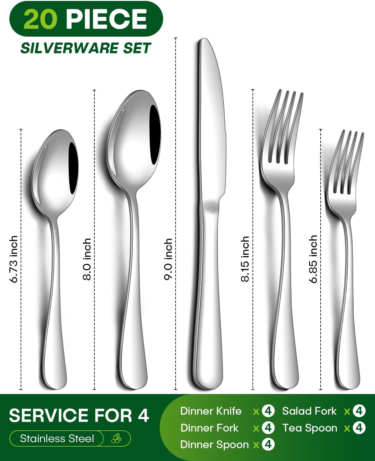 20 Piece Stainless Steel Silverware Set for 4 – Flatware Cutlery Set