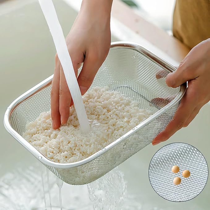 18/8 Stainless Steel Fine Mesh Strainer Basket with Feet, Rectangular Colander for Vegetables, Fruits, Pasta, Noodles – Rustproof, Durable & Easy to Clean (8.67 inch)