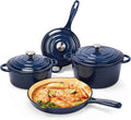 Hisencn Enameled Cast Iron Cookware Set - 7 Piece Dutch Ovens Set, Sauce Pan, Skillet, 3 Lids, Pots and Pans Set, Ceramic Coated Cast Iron, Heavy Duty, Gas/Induction Compatible, PFA Free
