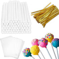 600PCS Cake Pop Sticks and Wrappers for Valentine's Day, Including 200pcs 6-inch Paper Lollipop Sticks, 200pcs Parcel Bags, 200pcs Gold Twist Ties for Lollipop, Candy, Chocolate, Marshmallows