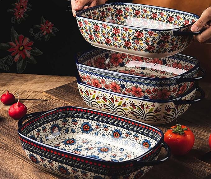 Red Daisy Flower Vintage Style Ceramic Bakeware Casserole Dish Baking Pan Lasagna Pans Baking Dish with Handles for Oven/Cooking/Kitchen-1 PCS, 60 OZ
