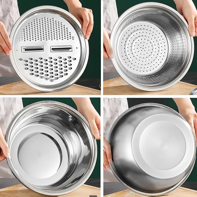 Germany Multifunctional Stainless Steel Basin, 3 in 1 Vegetable Grater Julienne Slicer Stainless Steel Colander, Fruit Slicer for Kitchen Vegetable Slicer Grater Strainer Drain Basket (11.8in, Silver)