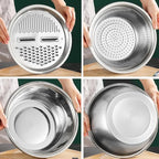 Germany Multifunctional Stainless Steel Basin, 3 in 1 Vegetable Grater Julienne Slicer Stainless Steel Colander, Fruit Slicer for Kitchen Vegetable Slicer Grater Strainer Drain Basket (11in, Silver)
