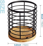 Utensil holder for Kitchen Counter - 5.2" x 5.2" x 6" Large Round with Wooden Base Matte Black Cooking Utensil Holder Utensil Organizer (Metal+Bamboo)