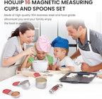 Magnetic Measuring Cups and Spoons Set-Heavy Duty 304 Stainless Steel，Double Measurement Markings，Set of 16 with Leveler for Measure Dry and Liquid Ingredients (Red)