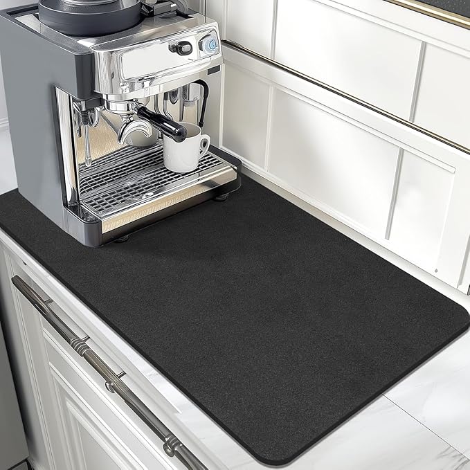 Findosom Dish Drying Mat, 17"x 32" Super Absorbent & Hide Stain Coffee Mat, Cuttable Drying Mat for Kitchen Counter, Coffee Bar Accessories, Under Dish Rack, Coffee Maker, Espresso Machine, Black-2