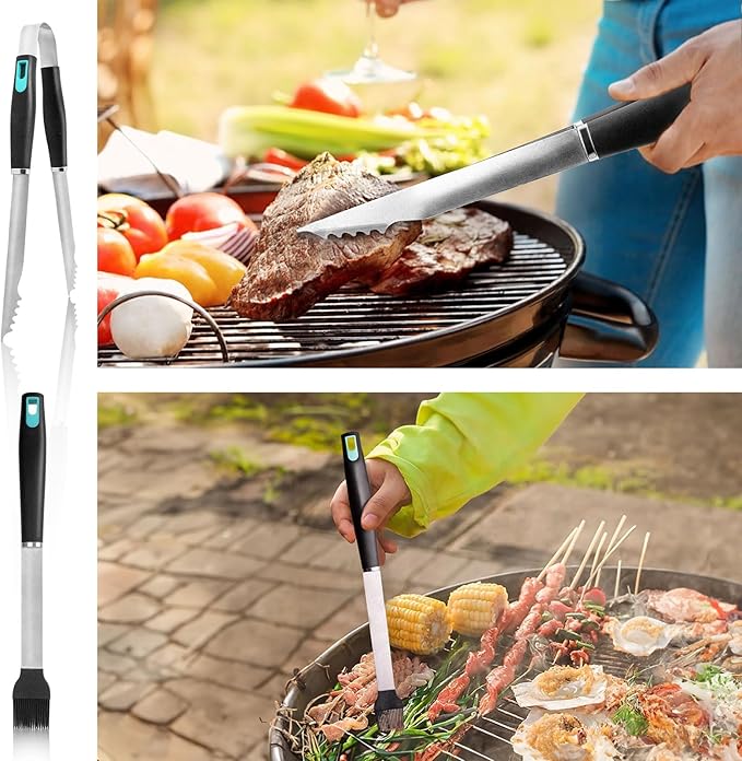 5-Piece Grill Tools Set, Heavy Duty BBQ Utensils with Extra Tough Wire Brush, Spatula, Tongs, Fork & Basting Brush – Outdoor Grilling Accessories & Gifts for Men Dad (Camping, Backyard)