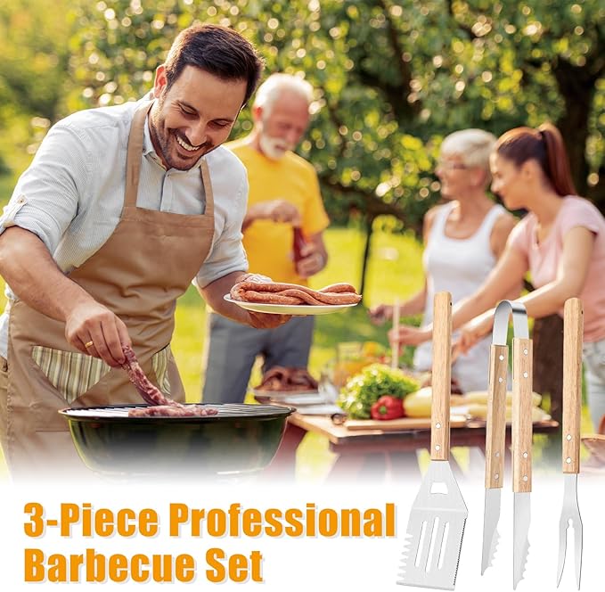 Grilling BBQ Tool Accessories Set, 3PCS Stainless Steel Spatula/Tong/Fork with Wood Handle, Barbecue Grill Utensils for Outdoor, Ideal BBQ Set Grilling Tools for Outdoor Camping Housewarming Party