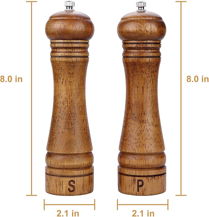 Gulex® Wood Pepper Grinder Pepper Mill,Adjustable Coarseness 8 Inch Wooden Peppermill, Ceramic Grinding Mechanism Salt Mill Refillable (1 pack) (Dark-2PC)