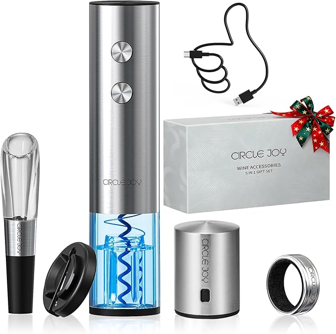 CIRCLE JOY Electric Wine Opener Rechargeable 5-in-1 Stainless Steel Wine Bottle Opener Premium Gift Set with Foil Cutter, Wine Aerator Pourer, Wine Drip Ring & Vacuum Stopper for Wine Lovers