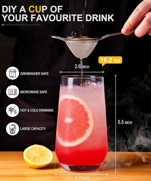 16.2oz Drinking Glasses Set of 8, Tall Water Highball Glasses, Unique Design Lead-Free Crystal Glassware, Glass Cups for Mojito and Mixed Drink Cocktail Glass Set