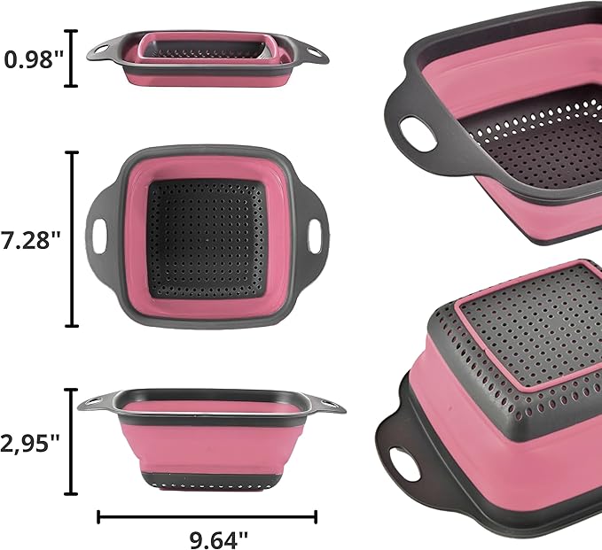 Pink Silicone Food Colander Kitchen – Small Collapsible Strainer with Handle Collapsable Strainer Kitchen Foldable Colander for Pasta Spaghetti Fruit Vegetable