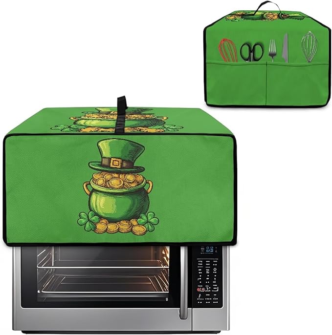 Clover Top Hat Gold Lucky Coin Print Toaster Oven Cover for St. Patrick's Day Decor, Microwave Cover for Kitchen Countertop Appliance Dust Protector Decorative Oven Accessories, Green, L