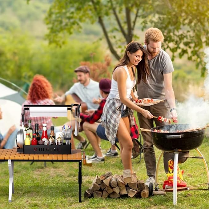 Grill Caddy, BBQ Caddy with Paper Towel Holder for Plate Cutlery, Flatware Caddy Picnic Condiment Caddy with 4 Hooks, Grill Utensil Caddy for Outdoor Barbecue Accessories Organizer