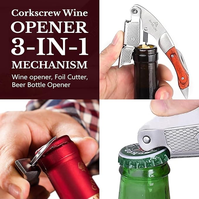 Waiters Corkscrew Wine Opener - Double-Hinged Fulcrum 3-In-1 Cork Screw Wine Bottle Opener Heavy Duty Stainless Steel & Pakka Wood. Serrated Foil Cutter. Beer Opener. Magnetic Gift Box