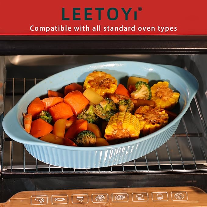 LEETOYI Porcelain 9x13 Large Oval Au Gratin Pans,Baking Dish for Servings, Bakeware with Double Handle for Kitchen and Home, Turquoise