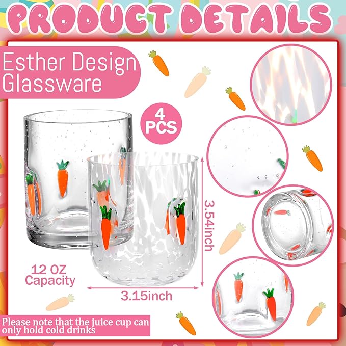 LemonRoad 4 Pcs Easter Icon Juice Glasses 12 oz Easter Stemless Wine Glasses Carrot Double Old Fashion Drinking Cups for Spring Holiday Drinks Party Supplies Gifts(Carrot)