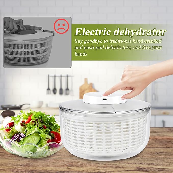 Electric Salad Spinner, 6L Lettuce Spinner Large Capacity USB Chargeble Fruit Vegetable Washer Dryer for Home Kitchen, Include Grater, Scissor, Sauce bottle, 3 Towels