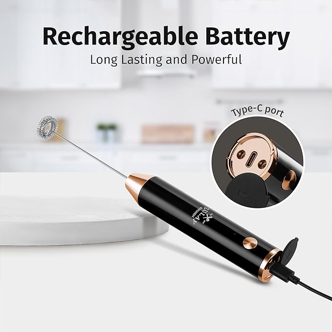 Zulay Kitchen Lux Electric Milk Frother Rechargeable Handheld - Powerful 2-Speed Motor, Waterproof, 2000mAh Battery - Lux Coffee Frother for Protein Powder, Drink Mixer Wand & Matcha Mixer