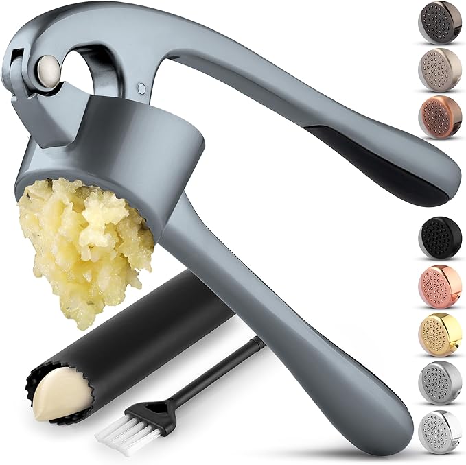 Zulay Kitchen Premium Garlic Press Set - Rust Proof Professional Garlic Mincer Tool - Easy-Squeeze, Easy-Clean with Soft, Ergonomic Handle - Silicone Garlic Peeler & Brush (Slate)