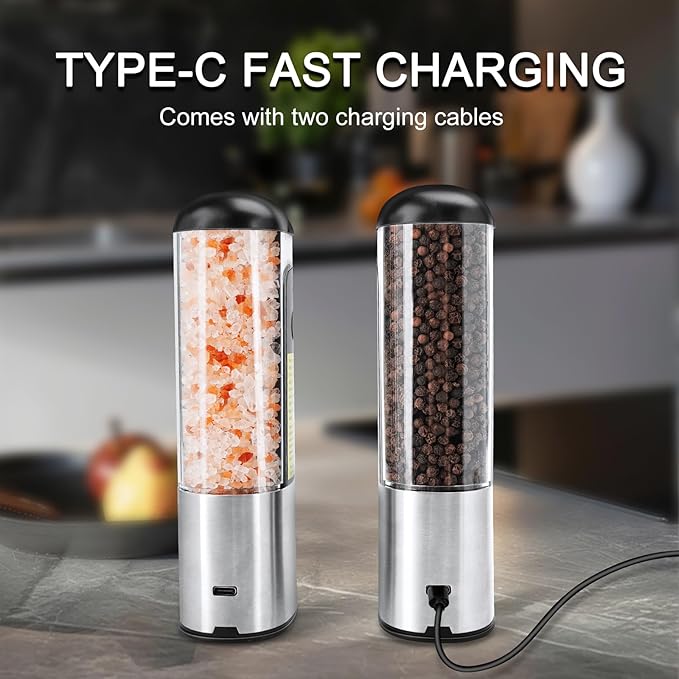Electric Salt and Pepper Grinder Set Rechargeable for USB, Automatic Adjustable Gravity Pepper Mill, Spice Grinder Refillable in Kitchen, salt and pepper shakers set, 80ml Capacity, 2-Piece Black