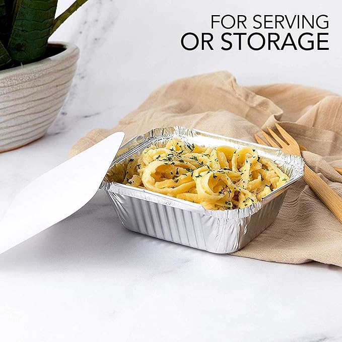 Small Aluminum Pans Take Out Containers (50 Pack) 50 Foil Oblong Pans and 50 Cardboard Lids - 1 Lb Tin Pans - Disposable Food Storage Containers for Cooking, Baking and Meal Prep