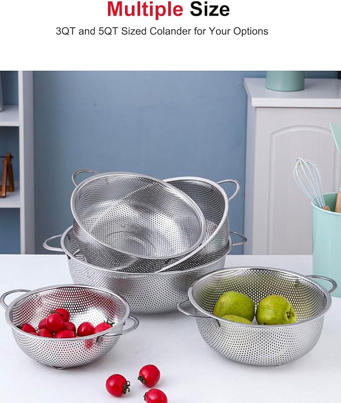 3-Quart Colander for Kitchen, Stainless Steel Colander with Base, Pasta Strainer with Handle, Food Strainer for Spaghetti, Vegetables, Fruit