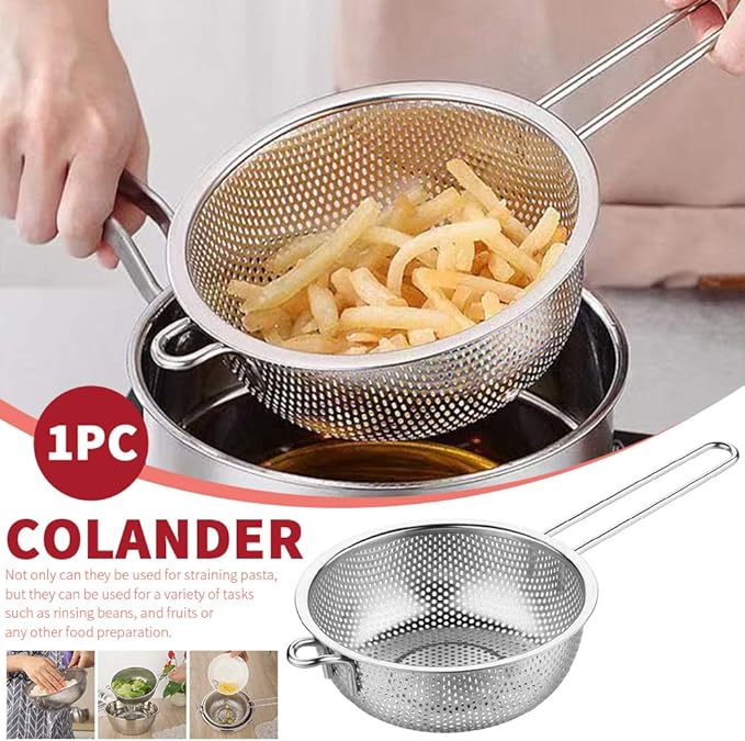 Stainless Steel Colander Fine Mesh Colander with Long Handle Micro-Perforated Colander Metal Strainer Kitchen Food Strainer for Fried Food Vegetable Fruit