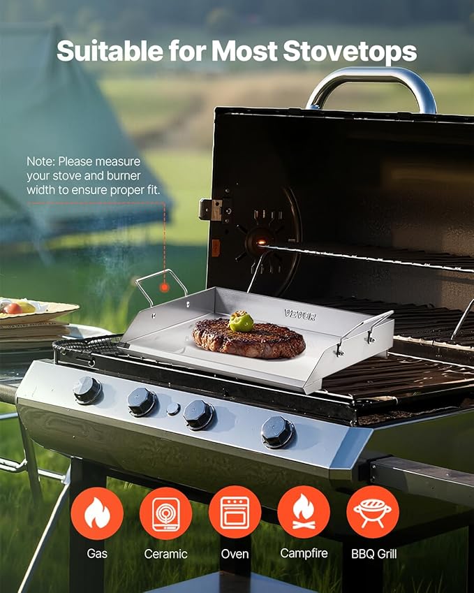 VEVOR Stainless Steel Griddle, 18x16 inch Universal Flat Top Rectangular Plate, Gas Grill Griddle for BBQ Grill, Teppanyaki, Portable Family Cookware with Handle, for Camping Tailgating Party