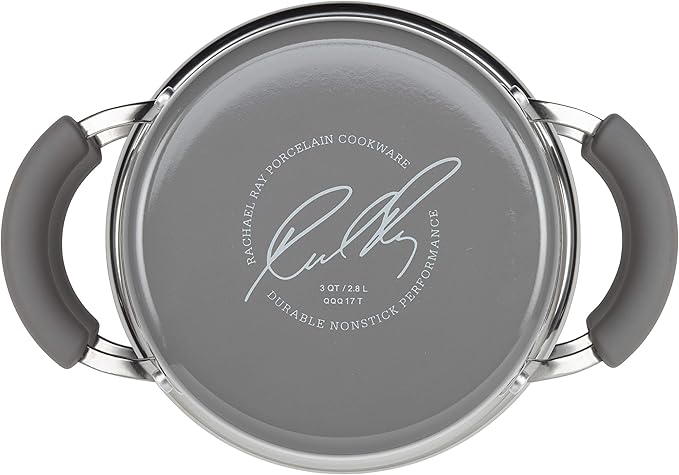 Rachael Ray Brights Sauce Pot/Saucepot with Steamer Insert, 3 Quart, Two-Tone Sea Salt Gray