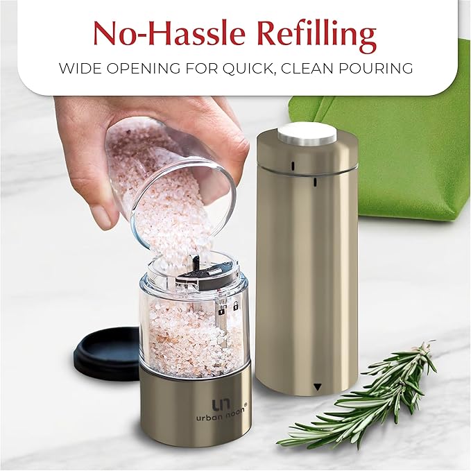 Electric Salt and Pepper Grinder Set - Battery Operated Stainless Steel Mill with Light (2 Mills) - Automatic One Handed Operation - Electronic Adjustable Shakers - Ceramic Grinders Champagne