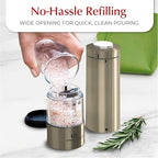 Electric Salt and Pepper Grinder Set - Battery Operated Stainless Steel Mill with Light (2 Mills) - Automatic One Handed Operation - Electronic Adjustable Shakers - Ceramic Grinders Champagne