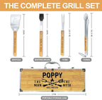 Christmas Poppy Gifts from Grandkids, Heavy Duty Wooden BBQ Grilling Accessories Kit for Backyard, Poppy Thick Stainless Steel Grill Utensils with Non-Slip Handle Tools in Portable Bag Birthday