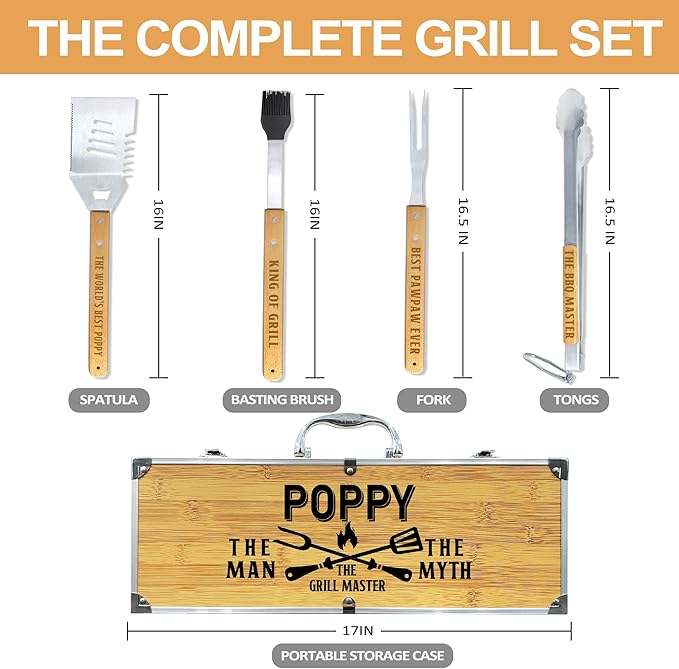 Christmas Poppy Gifts from Grandkids, Heavy Duty Wooden BBQ Grilling Accessories Kit for Backyard, Poppy Thick Stainless Steel Grill Utensils with Non-Slip Handle Tools in Portable Bag Birthday