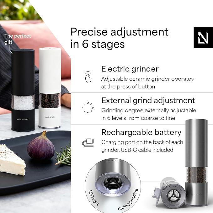 LARS NYSØM Electric Salt and Pepper Grinder Set I Automatic Salt and Pepper Mills with Adjustable Ceramic Grinder I USB Rechargeable Electric Spice Mill Set with LED Light (Stainless Steel)
