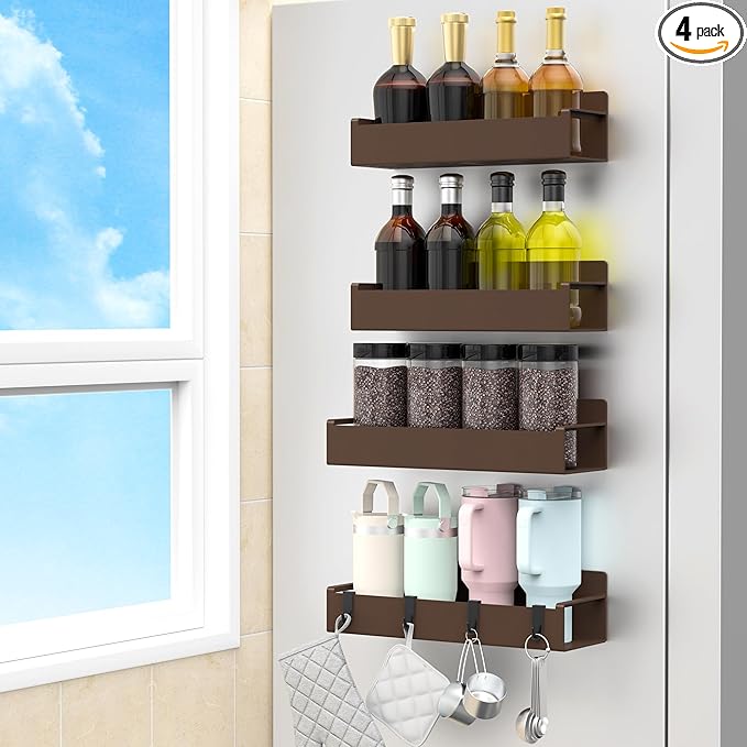 HuggieGems 4 Pack Magnetic Spice Rack Organizer for Refrigerator and Oven, Brown Fridge Organizers and Storage for Kitchen
