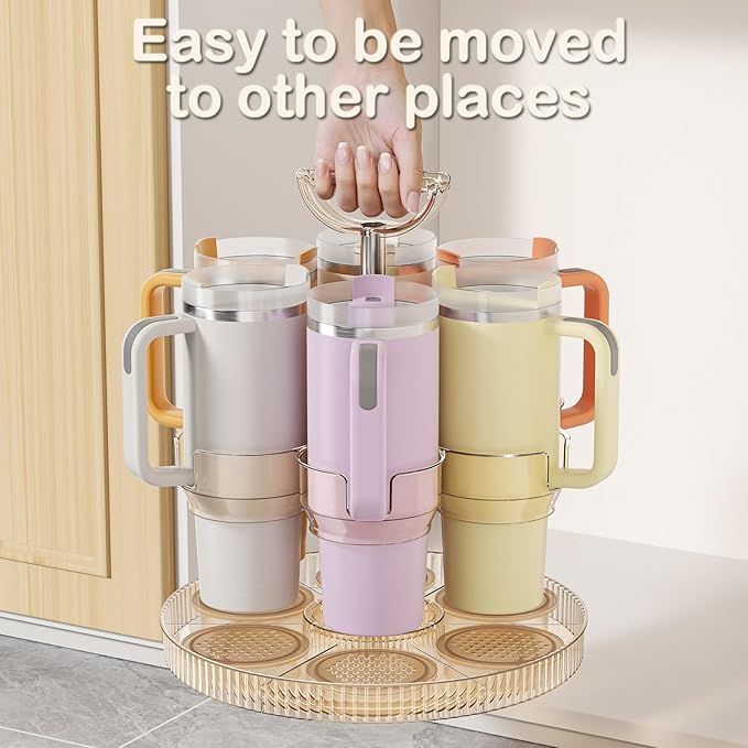 Rotating Coffee Bar Accessories Organizer, 2-Tier Lazy Susan Cup Holder for Stanley 40oz Tumbler with Handle, Countertop Drying Rack Station with Divided Tray for K-Cups, Snacks & Mugs