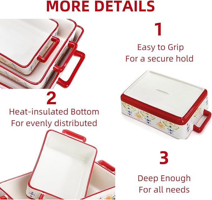 WRINGKIT Set of 3 Ceramic Baking Dishes, Rectangular Casserole Dish for Oven, Ceramic Bakeware Lasagna Pan Deep with Handles for Cooking, Baking, Wedding Gift, 3 Sizes (12''/10.7''/7.7''), Red