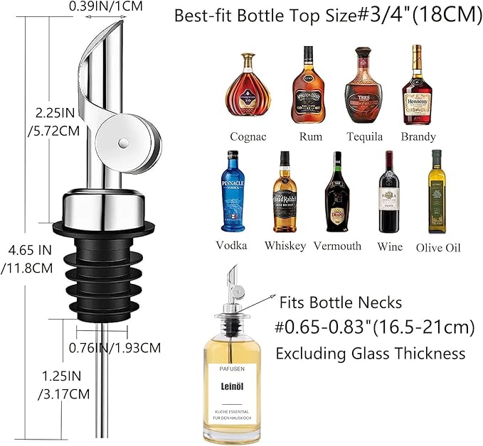 Pafusen 6 Pack Weighted Liquor Pour Spout, Auto Flip Olive Oil Dispenser Spout, Pour Spout for Liquor Bottles, Olive Oil Spout, Bottle Pourers for Alcohol Wine Syrup Home Bar Accessories Silver